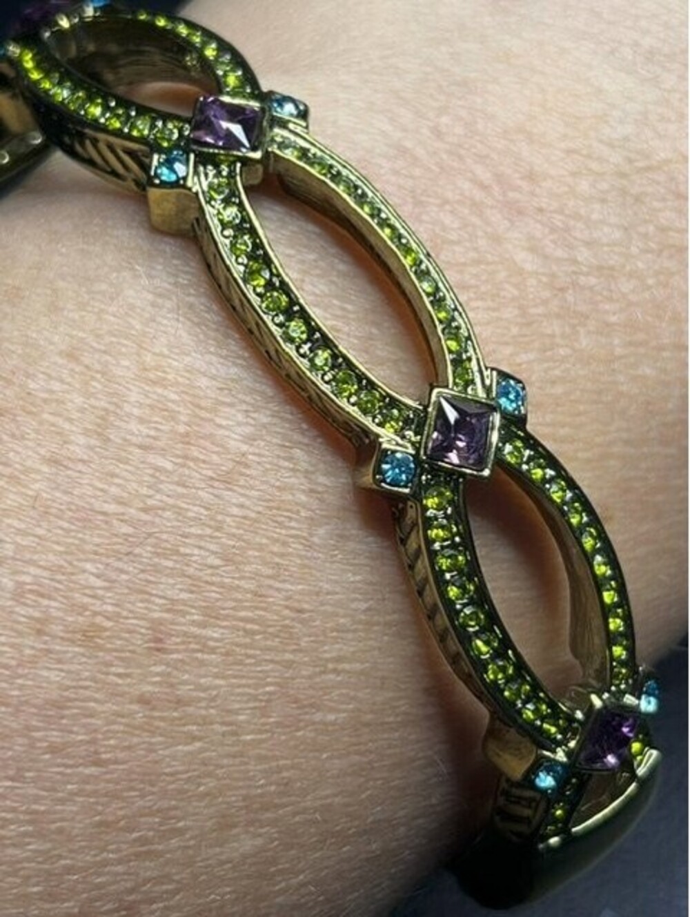 Gold Bracelet with Green, Purple & Blue Crystal Accents